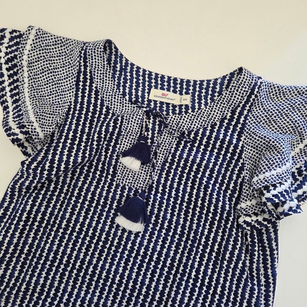 Vineyard Vines Dress Navy White Tassel Flutter Sleeve Women XXS